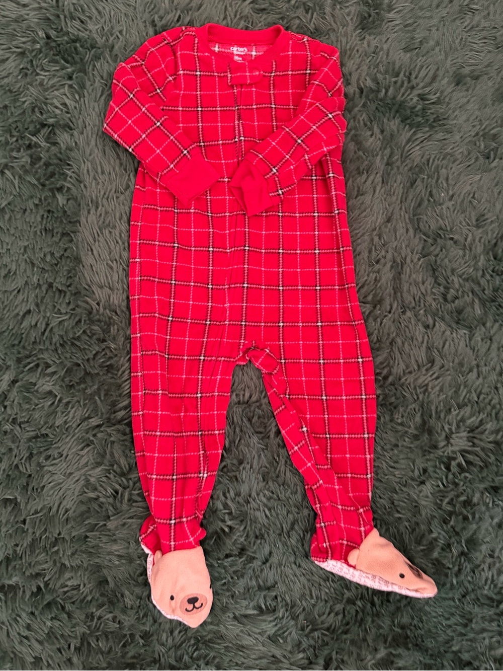 3/$25 ✨ Carter’s Red Plaid Footed Fleece Pajamas Sleeper 18M Bear Feet
